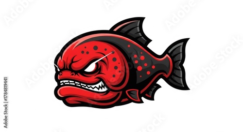 Aggressive Red Piranha with Black Fins on White Background Digital Illustration with Sharp Teeth and Fierce Expression Pixel Art Style