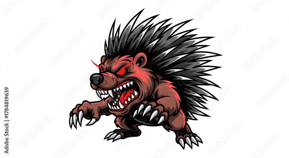 Naklejka premium Cartoon Angry Hedgehog Character with Red Eyes and Sharp Teeth on a White Background Pixel Art