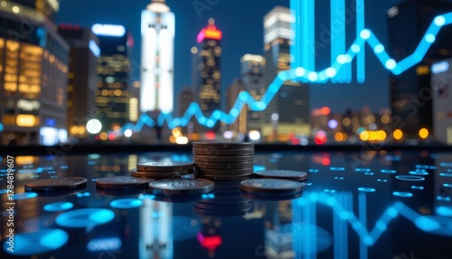 Cinematic night scene featuring coins and financial growth urban cityscape digital environment high-contrast viewpoint