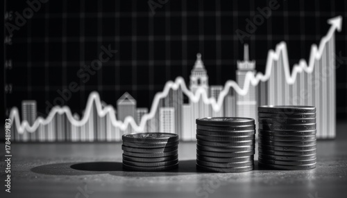 Financial growth and strategy business environment minimal black and white composition stacked coins high contrast viewpoint