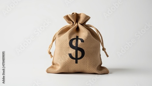 Minimalist product style shot of a burlap money bag studio setting close-up view financial concept
