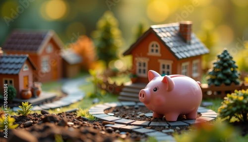 Tiltshift miniature effect on colorful toy pig in quaint neighborhood outdoor scene playful perspective