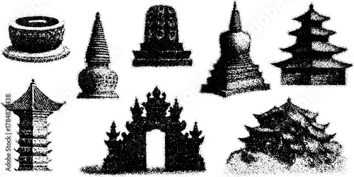 Architectural structures in black vector illustration style. Simple and isolated designs representing Asian cultural heritage in a set.