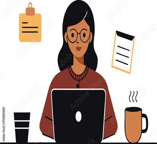 Female Freelancer Working on Laptop with Coffee Cup – Flat Vector Illustration