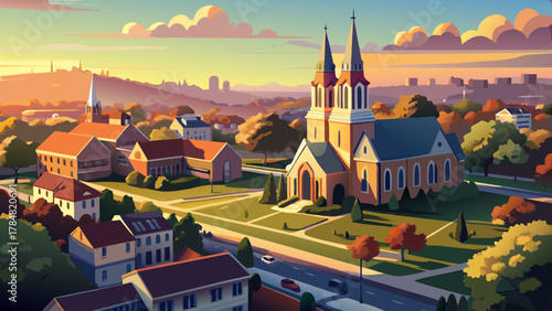 Very beautiful aerial view of a historic church surrounded by an urban neighborhood in Michigan during golden hour, featuring warm sunlight, long soft shadows, tree-lined streets, and a realistic peac
