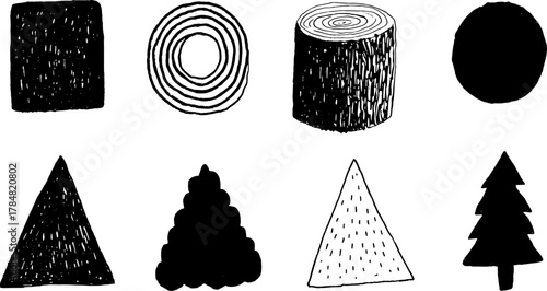 Shapes: square, circle, triangle, and tree are featured in a minimalist black-and-white set. Simple vector illustration emphasizes geometric design.