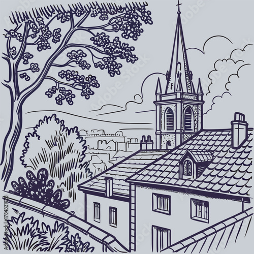 WebIntricate pen sketch of rooftops and a church spire, showcasing architectural details and a serene cityscape