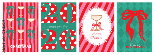 Merry Christmas greeting card, banner, poster, cover templates. Modern bright Xmas design with beautiful doodle elements, Christmas bows, champagne glass. 2026 happy new year.