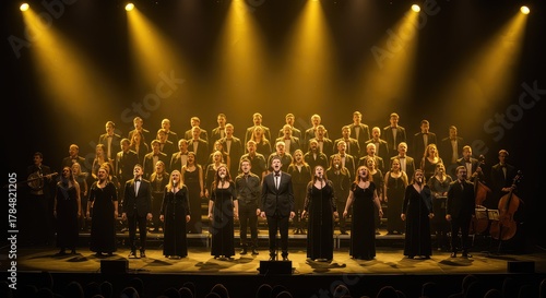 A large, diverse group of singers performing complex musical arrangements under dramatic golden stage lighting, symbolizing superior vocal achievement ,music ,concert ,formal