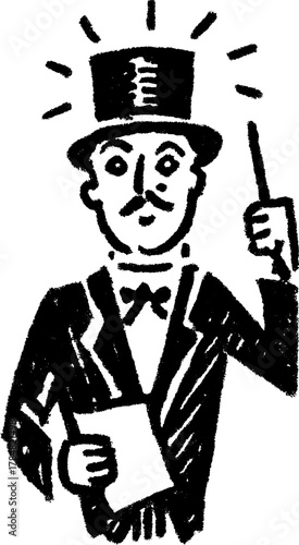 Magician silhouette in a hand-drawn style. Black outline illustration featuring a performer holding a wand, perfect for a vector art set.