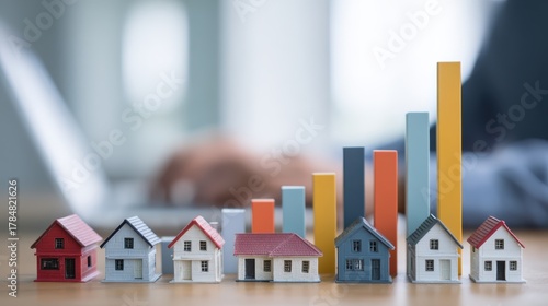 Growth in Real Estate Market with Miniature Houses and Rising Bar Graph Displaying Property Investment Trends and Economic Success in Modern Business Environment