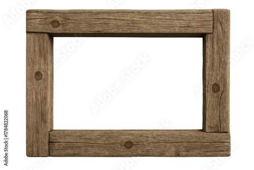 Rustic wooden picture frame creating a blank space for content, isolated on a transparent background