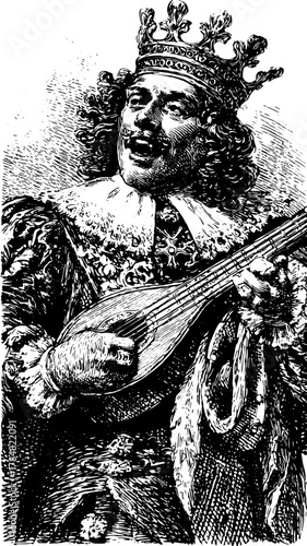 Vintage king musician with a guitar, illustrated in a retro style. This hand-drawn vector illustration depicts a classic performance set in a unique scene.