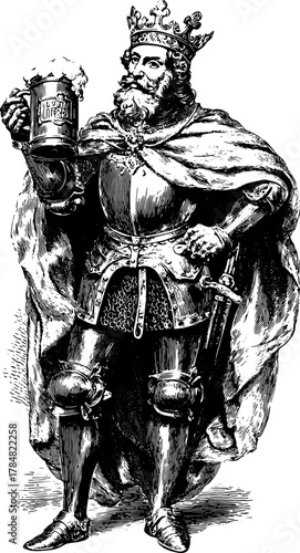 King holding a mug of beer in a vintage vector illustration. Detailed black line drawing of a royal figure with traditional attire.