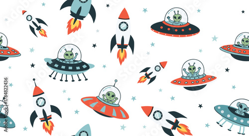 A fun seamless pattern featuring cute cartoon rockets and cheerful aliens in flying saucers, scattered among stars on a white background.