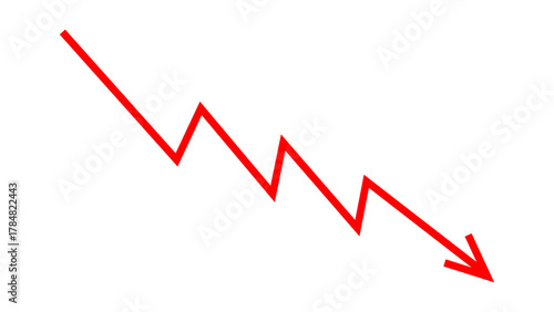 Red falling down arrow zigzag line graph indicates financial loss concept, stock market fall, business loss, market crash, economic loss. Red zigzag arrow downward direction. Vector illustration.