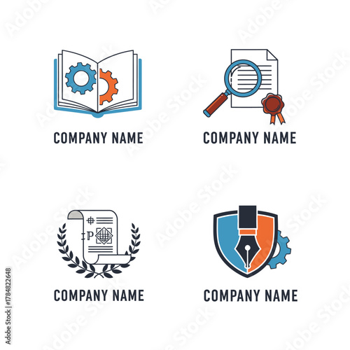 Four Logos Featuring Educational and Professional Themes with Gears, Books, and Documents.