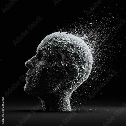 Abstract form breaking down into digital dust and light particles. Conceptual visualization of data decay or memory loss ,transition ,modern ,rendering