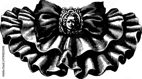 Antique engraving of a decorative bow with intricate details. This black line drawing is suitable for design projects and features a vintage vector illustration.