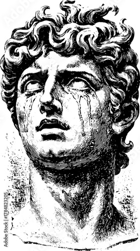Statue of a male head showing sorrow with tears. This detailed black and white vector illustration reflects classical craftsmanship and emotion.