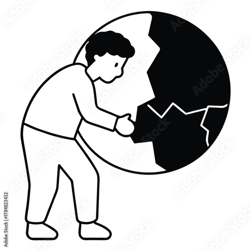 Person examining a large, cracked black sphere/egg