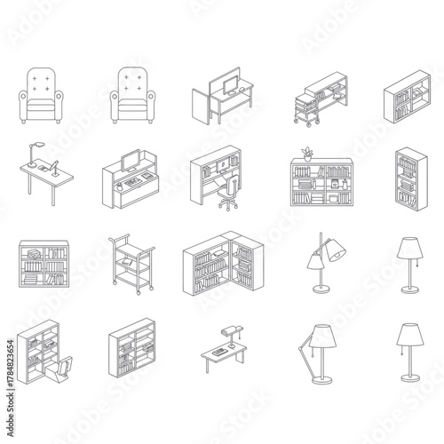 isometric furniture set featuring bookshelves chairs desks and lamps ideal for interior design projects conveying a modern organized space.