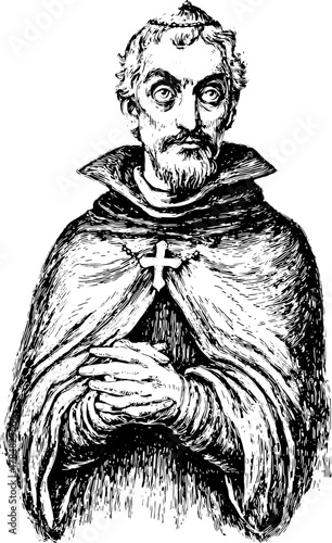 Historical man in a vintage portrait. Religious monk with a cross, depicted in black and white vector illustration.