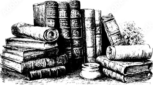 Books and scrolls in a vintage style. Detailed hand-drawn vector illustration creates an antique look for this set.