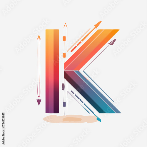 Vibrant gradient letter K with directional arrows and abstract graphical elements
