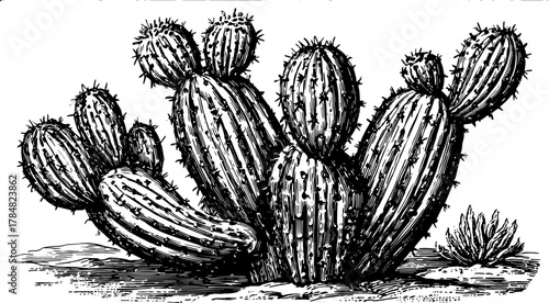 Cactus plant set with spines in a desert environment. Handdrawn ink sketch in vintage monochrome style, botanical vector illustration.