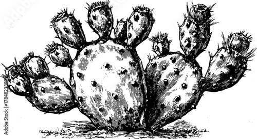 Prickly pear cactus with spines and thorns shown in a detailed handdrawn ink sketch. Vintage botanical vector illustration.