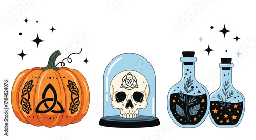 Enchanting Halloween vector illustration with a decorated pumpkin, a skull under a glass dome, and two magical potion bottles.