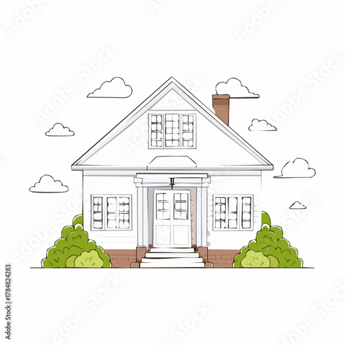 Quaint architectural house illustration with stylized clouds and verdant shrubbery adornment