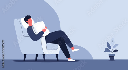 Relaxed man sits in a comfortable armchair, holding a soft pillow, enjoying a peaceful moment in a modern home.