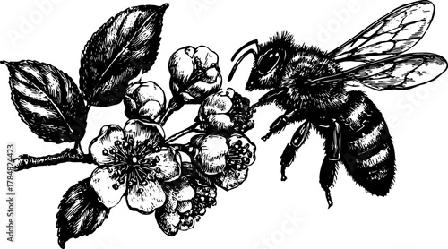 Bee and flower with leaves in black and white line style. Nature insect vector illustration with botanical detail.