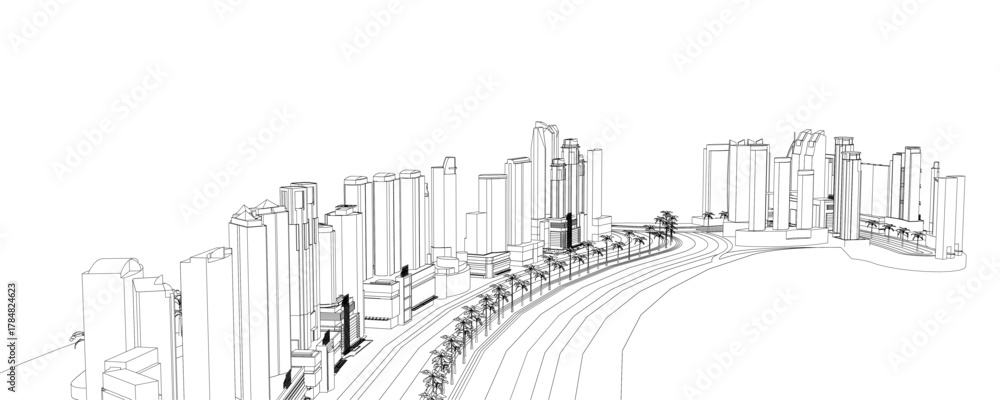 Fototapeta premium Black and white contour drawing of a cityscape with tall buildings, trees, and a road. The stark white background emphasizes the intricate line details.