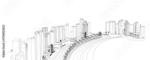 Black and white contour drawing of a cityscape with tall buildings, trees, and a road. The stark white background emphasizes the intricate line details.