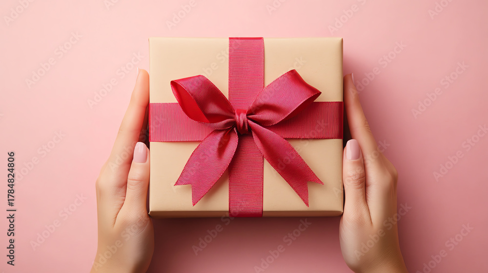 Naklejka premium Female hands tying ribbon on elegant gift box, preparation and care concept