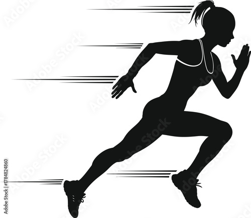 Silhouette of a Runner: Capturing the essence of speed and determination, a dynamic silhouette of a female runner is in full stride. This graphic illustration represents athletic drive and motion.