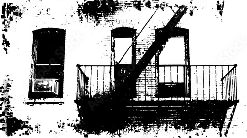 Urban balcony with vintage architectural details. Black and white vector illustration showcasing textures in a grunge style.