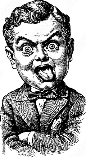 Antique engraving of a male character with expressive features, sticking out his tongue. Retro vector illustration showcasing detailed line work.