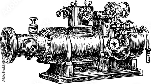 Vintage engine in an outline drawing style. Black and white vector illustration showcases mechanical equipment set.