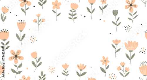 Cute hand-drawn floral border on a white background, with peach flowers and grey leaves creating a decorative frame for copy space.