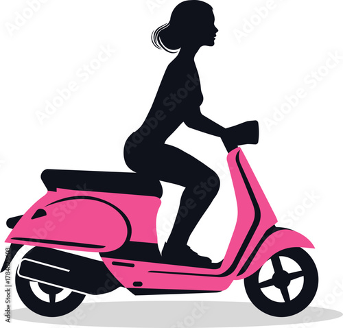 Silhouette on a Pink Scooter: A stylish silhouette of a woman effortlessly glides on a vibrant pink scooter, embodying freedom and urban mobility.