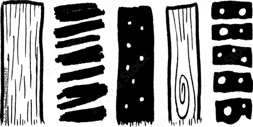 Silhouette hand-drawn lines and strokes. Black vector illustration showcasing different patterns and textures in a simple artistic set.