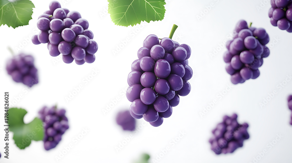 Fototapeta premium A close-up shot of vibrant purple grapes with green leaves, highlighting their fresh and juicy appearance.