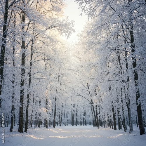 A deep, silent forest blanketed entirely by thick, glistening snow on a very cold morning. Sunlight filters through the frosty trees ,sunlight ,ground ,landscape