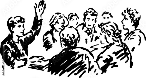 Group meeting focused on discussion and ideas. Simple black and white vector illustration depicting communication in a professional setting.