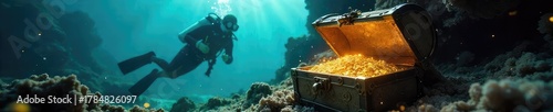 Wallpaper Mural A diver retrieves a glittering gold bar from a sunken treasure chest, sunlight illuminating the scene underwater ,  light,  fins,  reef Torontodigital.ca