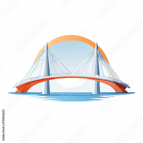 Stylized suspension bridge illustration with modern artistic rendering on the serene backdrop